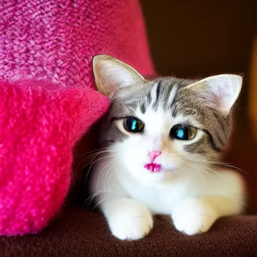 Image similar to cute cat photo licking tongue, wearing wool hat cat ears