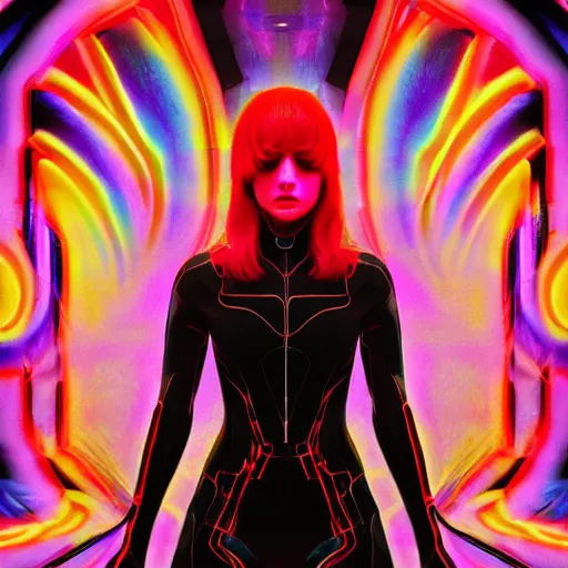 Prompt: long Shot of psychedelic Black widow standing in mysterious chromatic astral temple , stylish, lsd, soft, behance, cinematic, artwork by WLOP