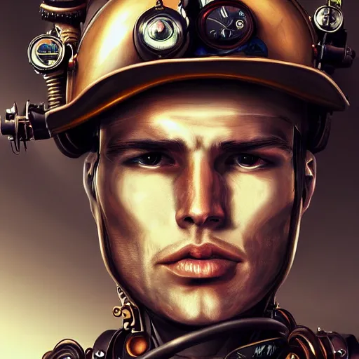 Prompt: portrait of max verstappen, face to camera, steampunk art, fantasy style, super high detail, super high quality, talented artist, trending on artstation, machinarium