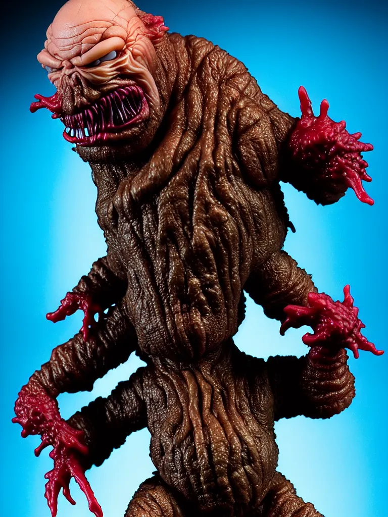 Image similar to hyperrealistic rendering, fat smooth john carpenter's the thing by bernie wrightson and killian eng and joe fenton, product photography, action figure, sofubi, studio lighting, colored gels, colored background