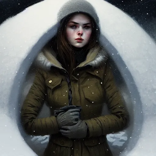 Image similar to young angry woman, beautiful girl, full body, parka, in an igloo, realistic, serov, surikov, vasnetsov, repin, kramskoi, insanely detailed, charlie bowater, tom bagshaw, high resolution, octane rendered, unreal engine, illustration, trending on artstation, masterpiece, 8 k