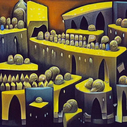 Prompt: crowded underground city where everyone is made of cheese, surrealist painting