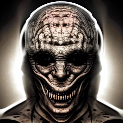 Image similar to photograph of man with HR Giger head, 8k resolution, high detail, ULTRA REALISTIC VFX, reflections, post processing