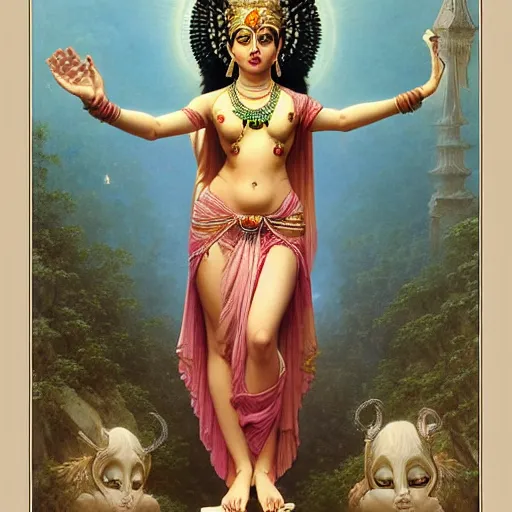 Prompt: Hindu Goddess as a fullbody, intricate, cute, highly detailed, happiness, adorable, artstation, concept art, smooth, sharp focus, illustration, art by greg rutkowski and orientalism and bouguereau and Zdzislaw Beksinski, good clear quality, lighting, biology, symmetrical artwork, perfect face, 135 mm, cinematic, hyper realism, high detail, octane render, 8k, chrome accents