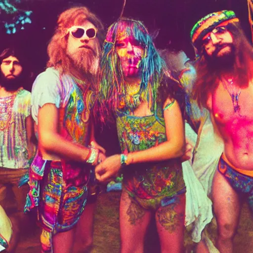 Image similar to expired kodak film photograph portrait of retro psychedelic trance hippy party in goa from 1 9 7 0, hyperrealism, photorealism, imax quality, 8 k