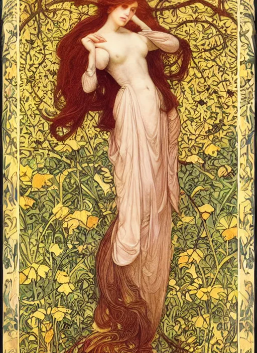 Image similar to masterpiece beautiful seductive flowing curves pose preraphaelite portrait photography, straight bangs, thick set, yellow ochre ornate medieval dress, mushroom forest arch, amongst foliage, william morris and kilian eng and mucha, framed, 4 k