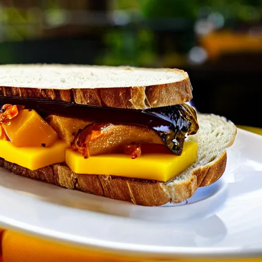 Prompt: sandwich with foie gras honey and mango