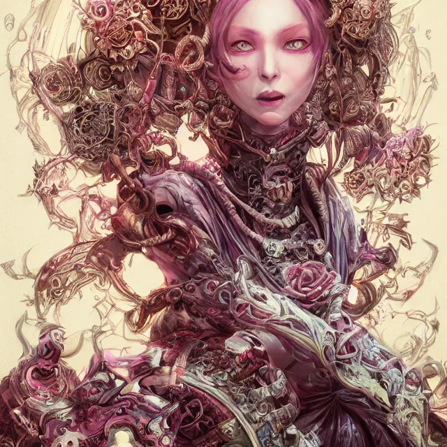 Image similar to the portrait of chaotic evil female necromancer overlord as absurdly beautiful, gorgeous, elegant, innocent young woman, an ultrafine hyperdetailed illustration by kim jung gi, irakli nadar, intricate linework, bright colors, octopath traveler, final fantasy, unreal engine 5 highly rendered, global illumination, radiant light, detailed and intricate environment