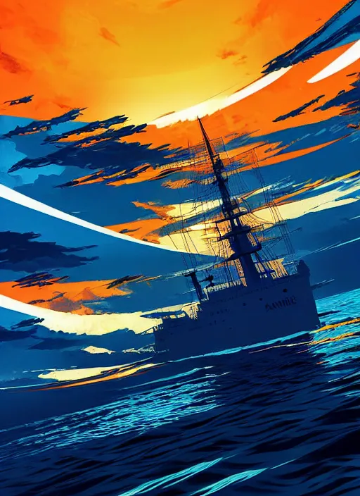 Prompt: paper ship, ocean, sunset scenery wallpaper aesthetic, anime style, closeup view, sharp focus, beautiful, cinematic, dramatic, super detailed and intricate, hyper realistic, 4 k render, by koson ohara, by darwyn cooke, by hiroshi yoshida, by kentaro miura