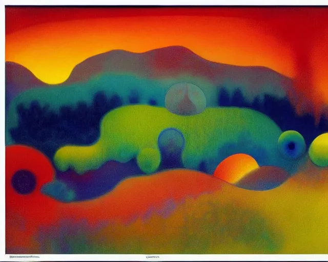 Image similar to An insane, modernist landscape painting. Wild energy patterns rippling in all directions. Curves, organic, zig-zags. Mountains, clouds. Rushing water. Waves. Psychedelic dream world. Odilon Redon. Agnes Pelton. Peter Max.