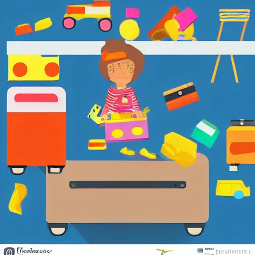 Image similar to a flat vector art scene of an open suitcase sits on a table, the open suitcase contains a vast pile of toys, the pile of toys rises all the way to the ceiling, the pile of toys blocks the background, a woman stands next to the table and suitcase, the woman holds more toys