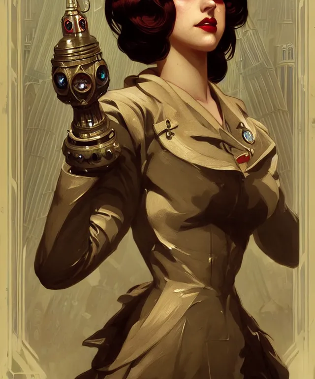 Image similar to big sister from the game bioshock, intricate, elegant, highly detailed, digital painting, artstation, concept art, smooth, sharp focus, illustration, art by artgerm and greg rutkowski and alphonse mucha