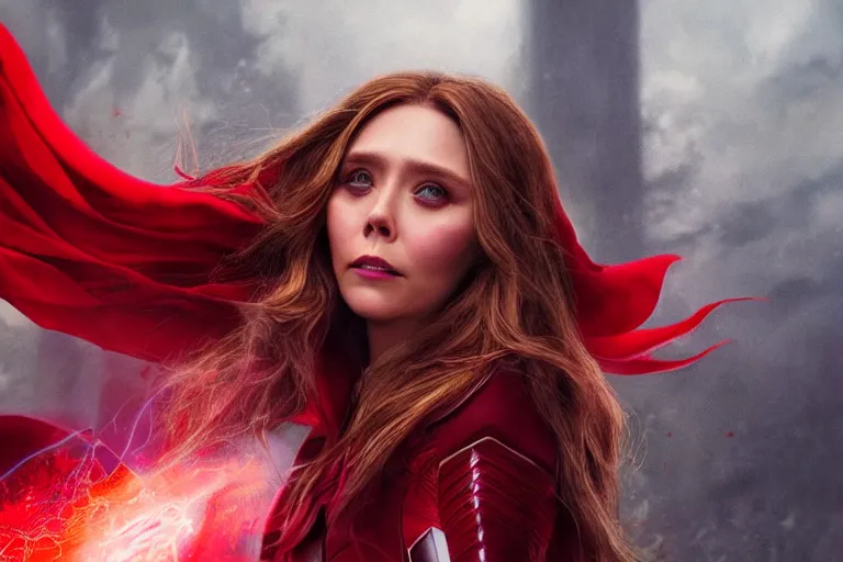 Prompt: movie still of elizabeth olsen as scarlet witch creating a barrier of red energy around herself!!!!!, photorealistic art style, fantasy aesthetic. full - body photography, comprehensive art, thorough details, intricate, artstation, cgsociety contest winner