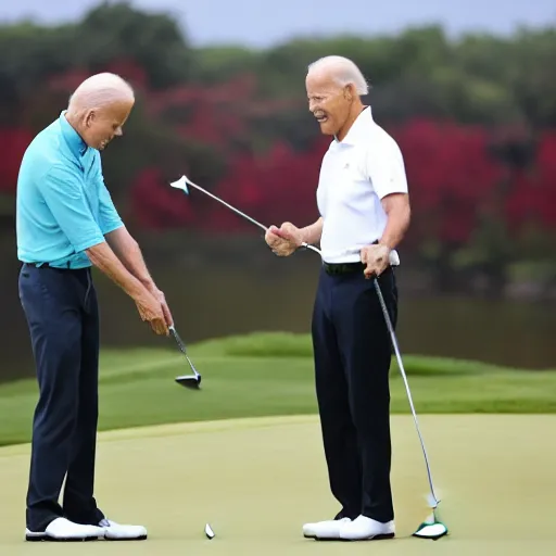 Prompt: joe biden holds the flagpin for xi jingping while he putts on a golf green. official media.