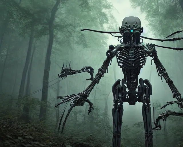 Image similar to photo of general grievous with heavy duty biomechanical hydraulic cybernetic body and 4 arms holding active lightsabers in the forest. cyberpunk horror style. highly detailed 8 k. intricate. nikon d 8 5 0 5 5 mm. award winning photography. art by hr giger and zdzislaw beksinski in the style of hzd