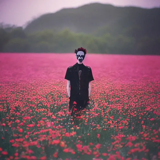 Image similar to kodak portra 4 0 0 photograph of a skinny goth guy standing far back in a field of flowers, wearing bandana on face, moody lighting, telephoto, 9 0 s vibe, blurry background, vaporwave colors, faded!,