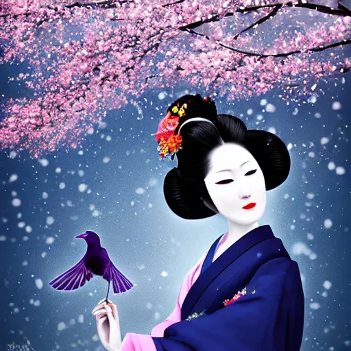 Image similar to a geisha with indigo colored geisha outfit holding out a raven with its wings spread ready to fly. snow falling in the night. japanese cherry blossoms by a babble ultrarealistic 8 k