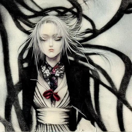 Image similar to Yoshitaka Amano realistic illustration of an anime girl with white hair and cracks on her face wearing dress suit with tie fluttering in the wind, abstract black and white patterns on the background, noisy film grain effect, highly detailed, Renaissance oil painting, weird portrait angle