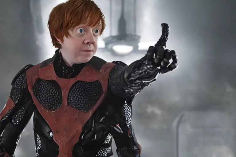 Prompt: Rupert Grint as Doctor Octopus, Long metal clawed arms from his back, intimidating stance