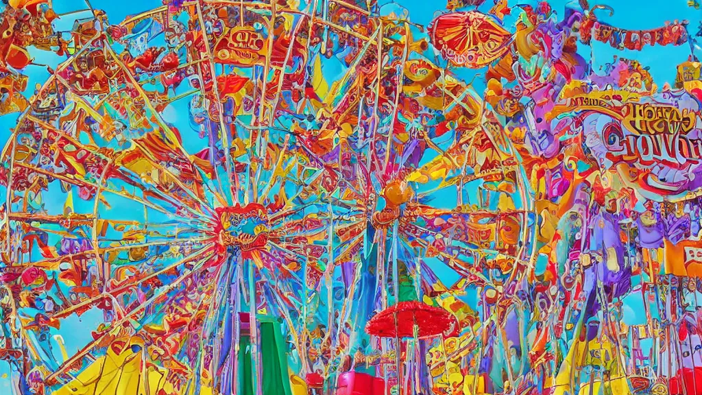 Image similar to carnival town, the horror carnival drawn in the style of a children's book. ferris wheel, circus tent, and carousel. disney style. cutesy, fun, and bright. color harmony, 8 k detail, gallery quality, hd wallpaper, premium prints available, hyper - detailed, intricate design.