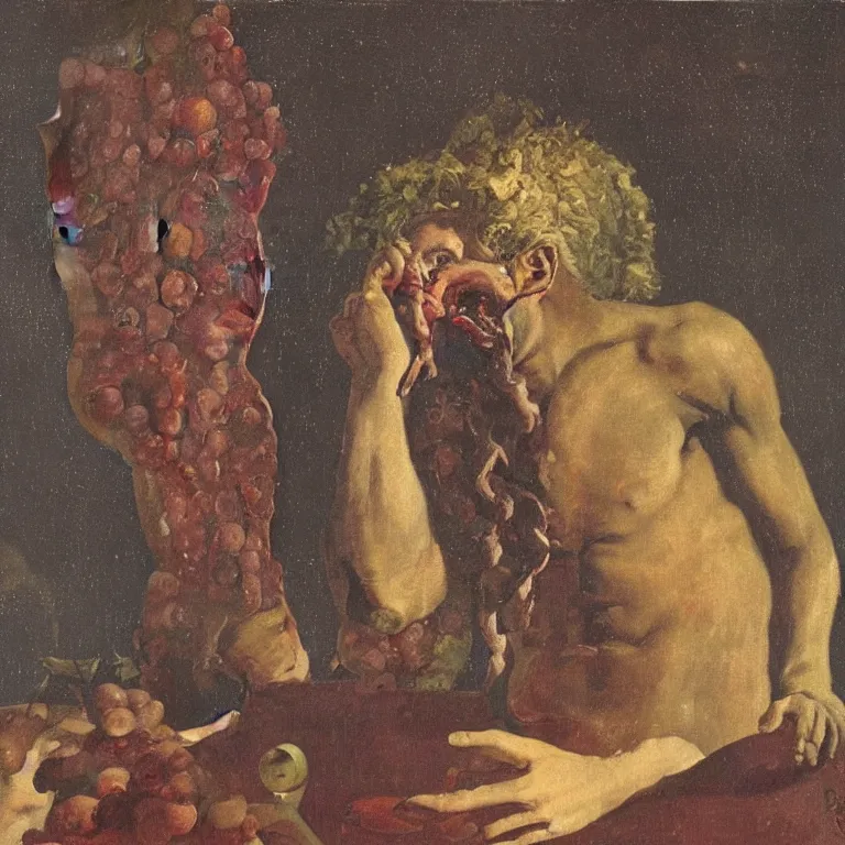 Image similar to raw, unsettling portrait of Dionysus, the Greek god of wine, drinking to forget his heartbreak by 20th-century artist Francis Bacon