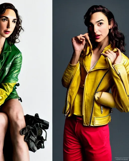 Prompt: photos of gal gadot wearing a yellow leather jacket, green cargo pants, a red silk blouse, and baseball cap on her head, photoshoot in the style of annie leibovitz, photorealistic, soft focus, bokeh