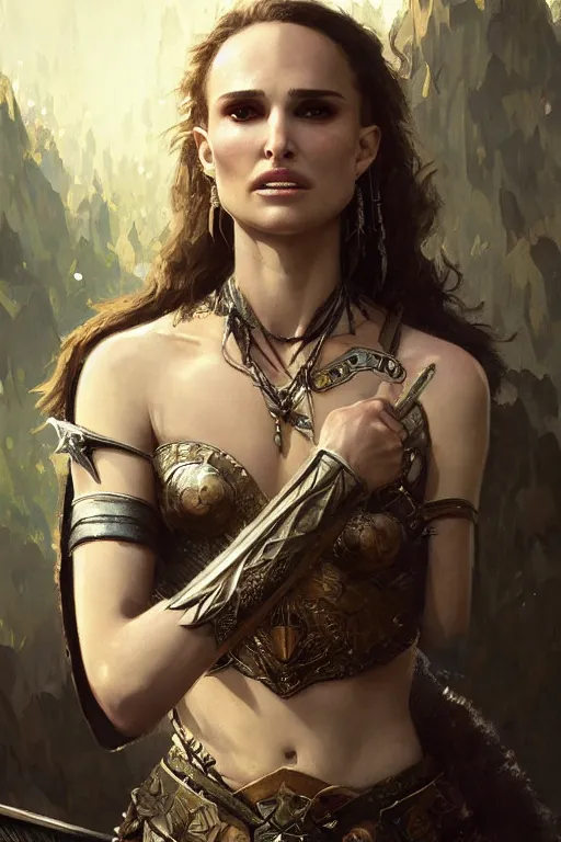 Image similar to natalie portman, legendary warrior, heroic, lord of the rings, tattoos, decorative ornaments, battle armor, by carl spitzweg, ismail inceoglu, vdragan bibin, hans thoma, greg rutkowski, alexandros pyromallis, perfect face, fine details, realistic shading photorealism