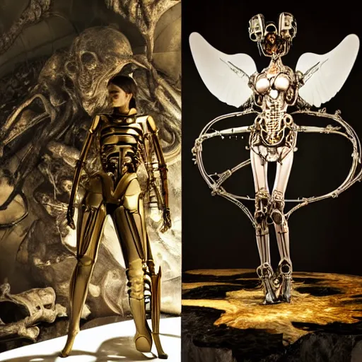 Image similar to still frame from Prometheus movie by Makoto Aida, biomechanical vespa angel gynoid, metal couture by neri oxmn by Guo pei by giger, editorial by Malczewski and by Caravaggio