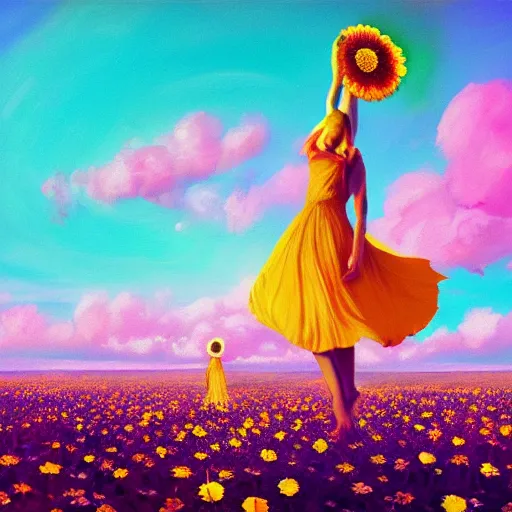 Image similar to giant daisy flower as head, girl dancing in a flower field, surreal photography, sunrise, dramatic light, impressionist painting, colorful clouds, digital painting, artstation, simon stalenhag