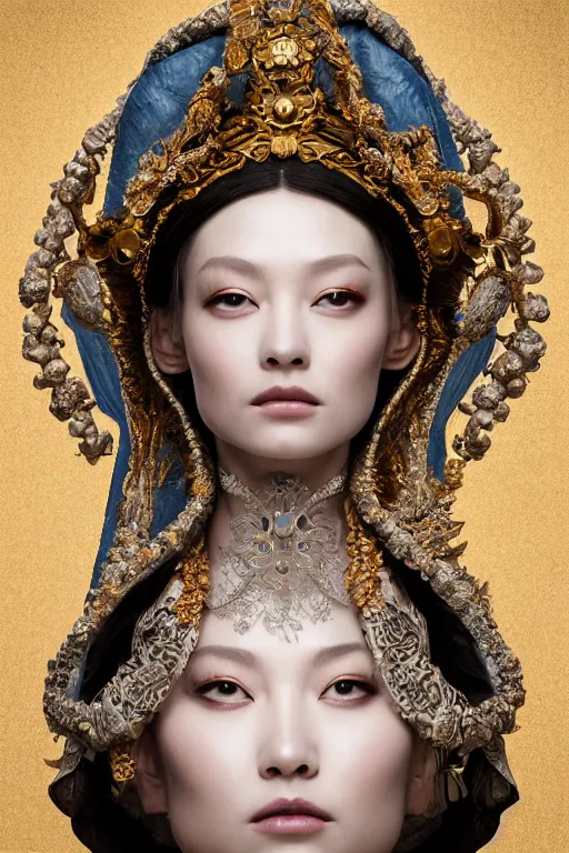 Image similar to a beautiful empress portrait, with a brilliant, impossible striking big organic matter subsurface scattering material headpiece, clothes entirely made out of organic subsurface scattering material, symmetrical, dramatic studio lighting, rococo, baroque, jewels, asian, hyperrealism, closeup, D&D, fantasy, intricate, elegant, highly detailed, digital painting, artstation, octane render, 8k, concept art, matte, sharp focus, illustration, art by Artgerm and Greg Rutkowski and Alphonse Mucha