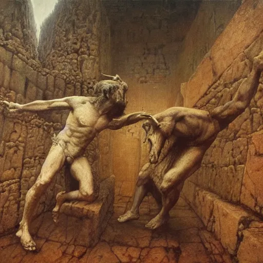 Prompt: theseus and minotaur, fighting in the labyrinth, extra detailed, photorealistic, oil painting by beksinski and dore