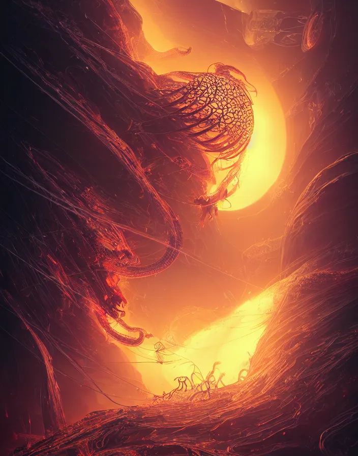 Prompt: Seismic realm, ancient high tech, cyberpunk, dystopian, jellyfish phoenix dragon, butterfly squid, burning halo, intricate artwork by Tooth Wu and wlop and beeple, greg rutkowski, very coherent symmetrical artwork, cinematic, hyper realism, high detail, octane render, unreal engine, 8k, Vibrant colors, Smooth gradients, High contrast, depth of field, aperture f1.2