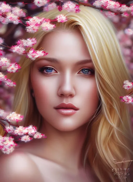 Image similar to photo of a gorgeous blonde female in the style of stefan kostic, realistic, half body shot, sharp focus, 8 k high definition, insanely detailed, intricate, elegant, art by stanley lau and artgerm, extreme blur cherry blossoms background