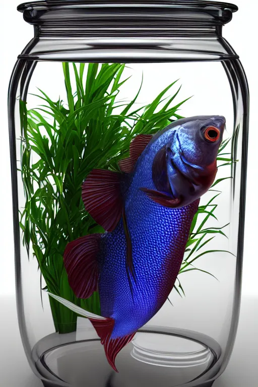 Prompt: a octane render of a siamese fighting fish inside a jar on the table, close - up studio photo, lighting path traced, highly detailed, high quality, hyper - realistic, max accurate,