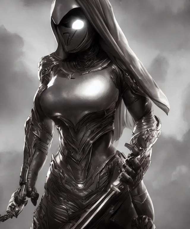 Image similar to female moon knight, hyper detailed, digital art, trending in artstation, cinematic lighting, studio quality, smooth render, unreal engine 5 rendered, octane rendered, art style by johames vemeer