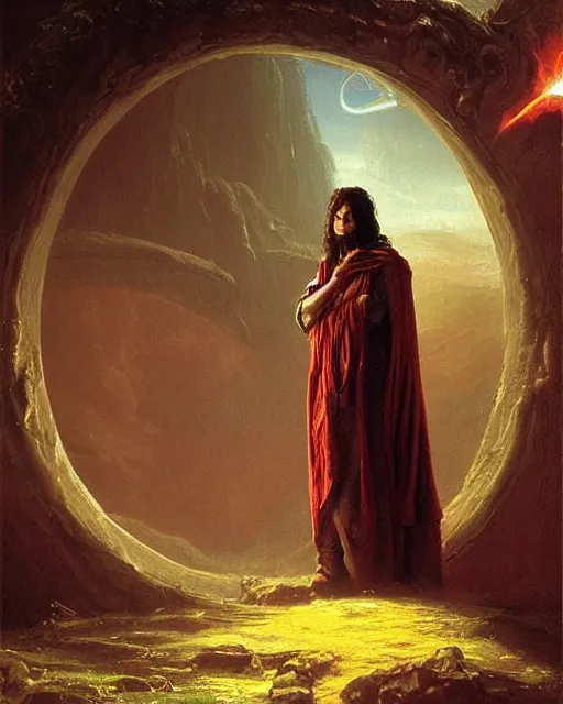 Prompt: A wild magic sorcerer. He is wearing a cloak with glowing runes on it and a crown. He is frowning seriously. He is preparing to cast a spell to banish the old gods. He is standing in spell circle. Award winning realistic oil painting by Thomas Cole and Wayne Barlowe