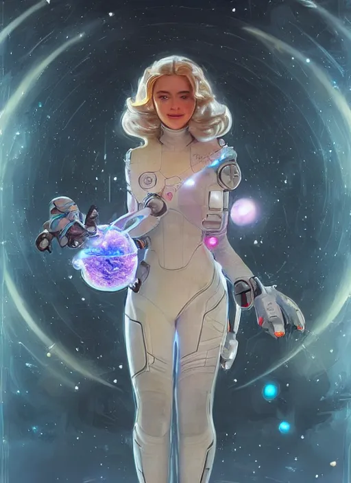 Prompt: beautiful space cottagecore, princess rosalina!!!, holding a small robot wearing a scifi jetsuit, intricate bioluminescent highly detailed, digital painting, artstation, concept art, smooth, sharp, focus, illustration, art by artgerm and ilya kushvikov and alphonse mucha