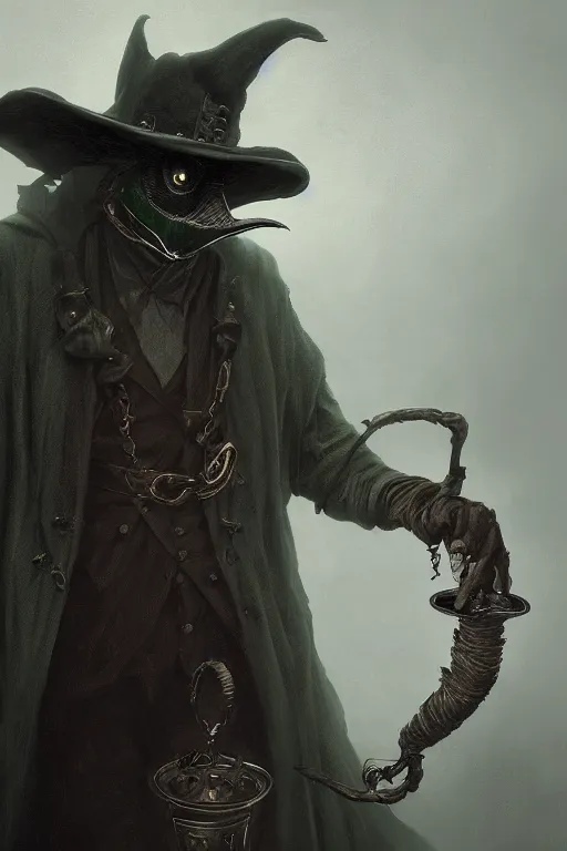 Image similar to A fancy portrait of a green plague doctor by Greg Rutkowski, Dan Mumford, Christophe Vacher, Sung Choi, Bloodborne, 8k photorealistic, volumetric lighting, HD, high details, dramatic, dark atmosphere, trending on artstation