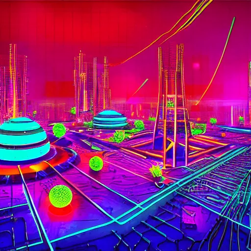 Prompt: cellular city made out of bacteriophage and dna helicase, by farid ghanbari, colorful, vibrant, cyberpunk neon lights, utopian