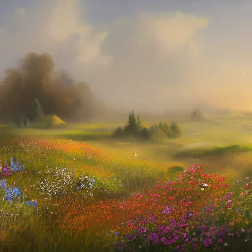 Image similar to a matte painting of a european prairie, cottages, foggy, patchy flowers, oil painting, pale colors, high detail, 8 k, wide angle, trending on artstation,