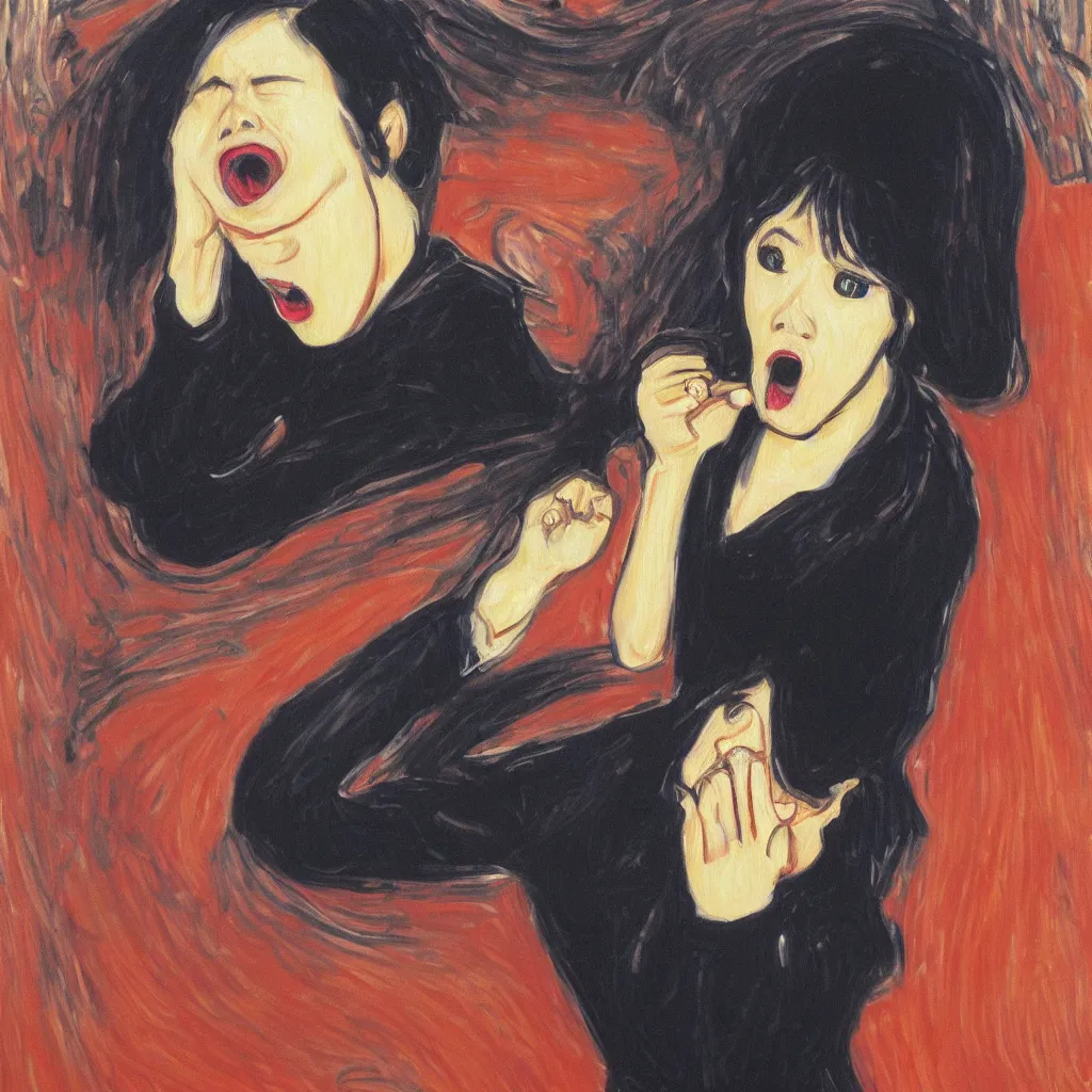 Prompt: an oil painting of yui hirasawa with the style of the scream by edvard munch