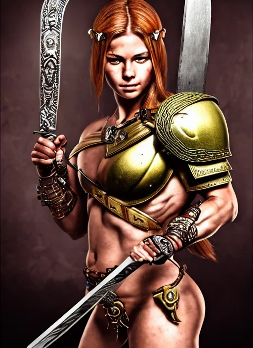 Prompt: portrait of a beautiful muscular maiden spartan with a sword and shield, wounds from battle, warhammer 40000, intricate, elegant, highly detailed, smooth, sharp focus, art by stephen lau and artgerm in the style of Steven Kostic and greg rutkouwski,