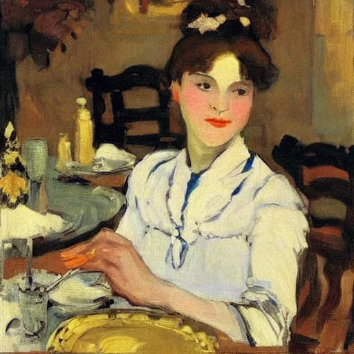 Image similar to a young beautiful lady is sitting at the table, in style of Valentin Serov,