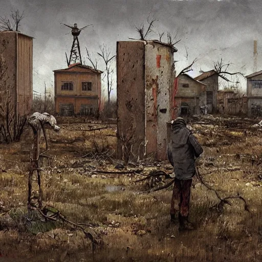 Image similar to painting of a abandoned post soviet town infested with humanoid root monsters by jakub rozalski