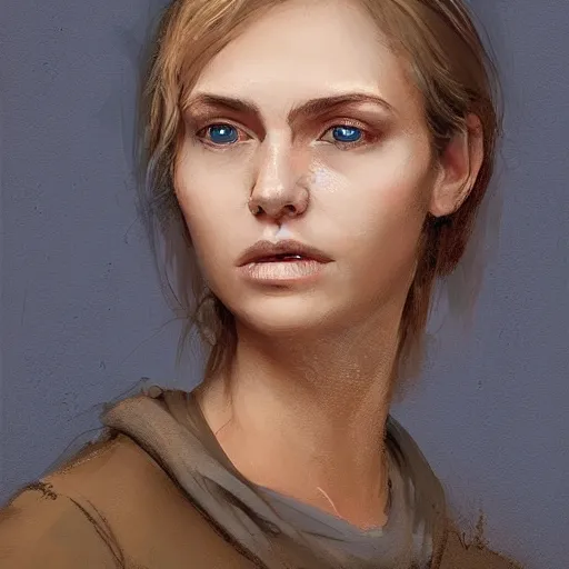 Prompt: Portrait of a woman by Greg Rutkowski, she is about 30 years old, pretty, blond hair with two strans around her face, slavic features, melancholic gaze, pretty aquiline nose, she is wearing a blue utilitarian jumpsuit, highly detailed portrait, digital painting, artstation, concept art, smooth, sharp foccus ilustration, Artstation HQ.