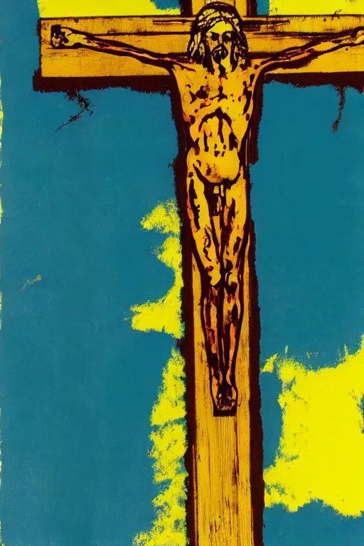 Image similar to bloody jesus christ crucified, yellow sky painted by andy warhol and cy twombly