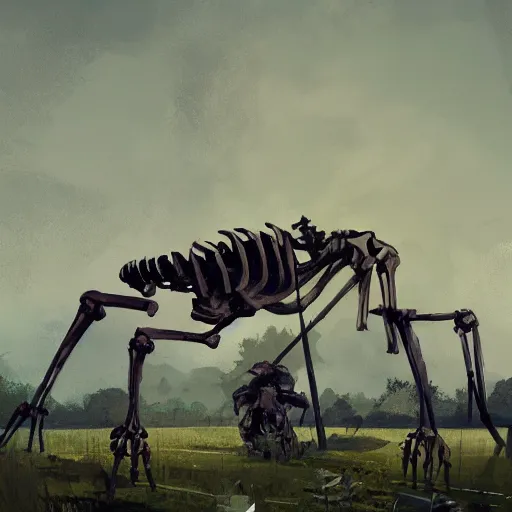 Prompt: a painting of a giant skeleton on a farm laying against a barn with a spear through its rib cage, concept art by ismail inceoglu, trending on artstation, environmental art, apocalypse art, 2 d game art, concept art