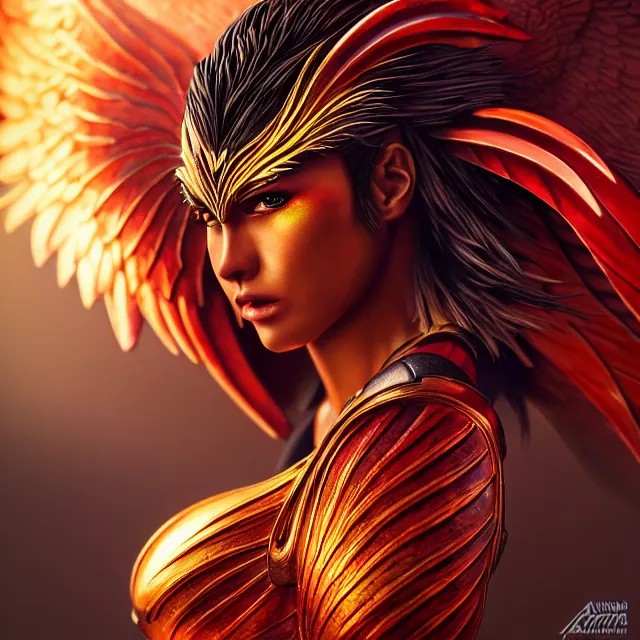 Image similar to phoenix warrior, artgerm, highly detailed, 8 k, hdr, close up, smooth, sharp focus, high resolution, award - winning photo