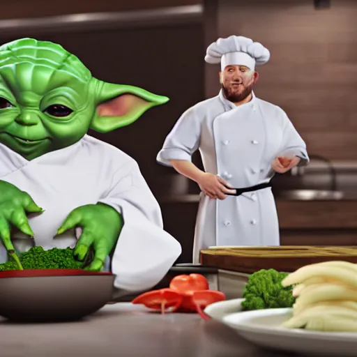 Image similar to curious mouth agape innocent tiny chubby babyfat baby yoda as chef wearing white chefs hat and white apron, offering a plate of food, vegetables, photography, hyperrealism, unreal engine, octane 3 d render, houdini, unity 3 d