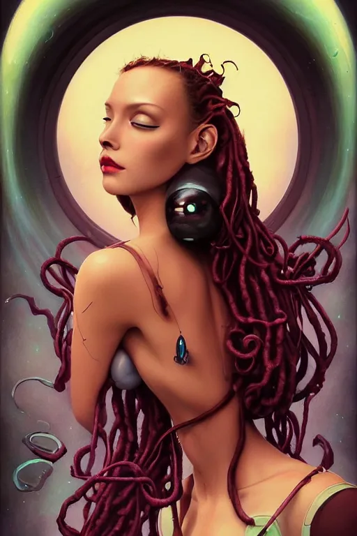 Image similar to portrait of an elegant alien woman queen with long floating snake dreads, straight on portrait, by artgerm, tom bagshaw, gerald brom, vaporwave colors, lo - fi colors, vaporwave, lo - fi, moody vibe, goth vibe, 4 k, hd,